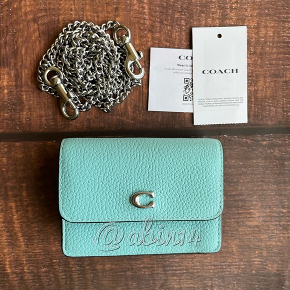 NWT Coach Half Flap Leather Card Case with Chain Strap in Faded Blue Color - Picture 4 of 6